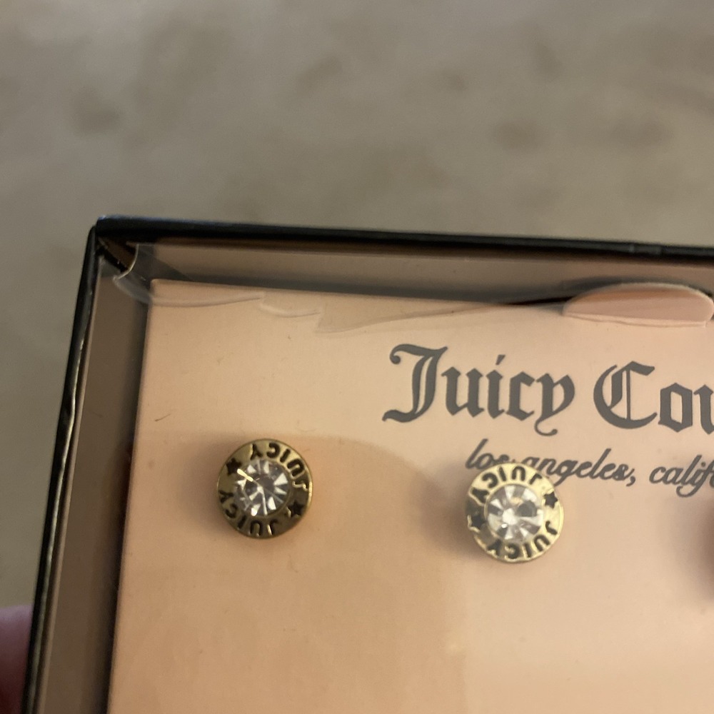 NWOT JUICY COUTURE EARRING SET OF 3 PAIR APPLE/JUICY/RAINBOW DANGLE GOLDTONE - Picture 7 of 12